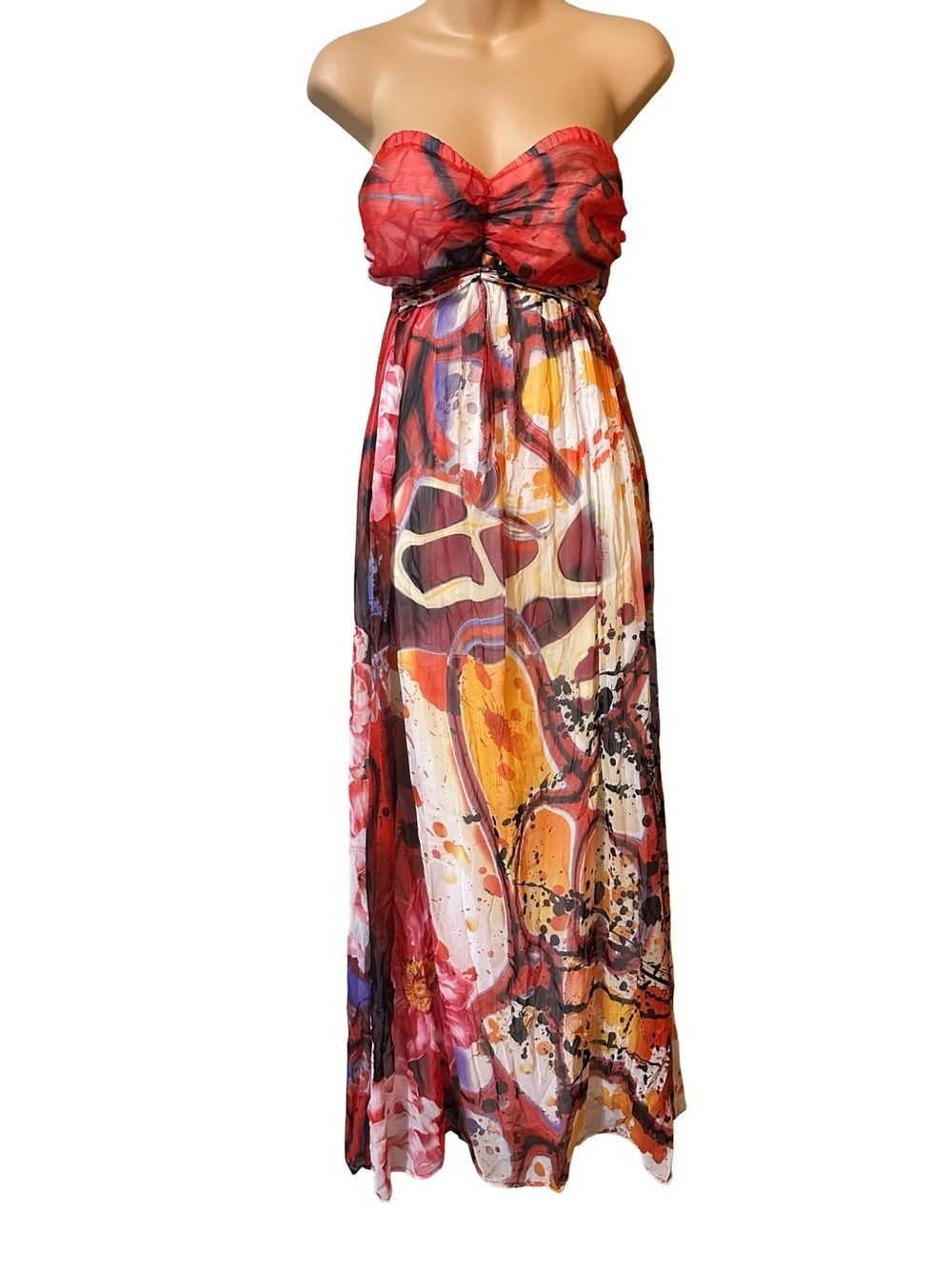 Xhilaration Strapless Abstract Maxi Dress Red Yellow and Multicolored Tie Belt L